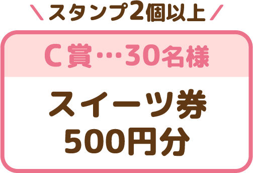 スタンプ2個以上
C賞：スイーツ券500円分（30名様）