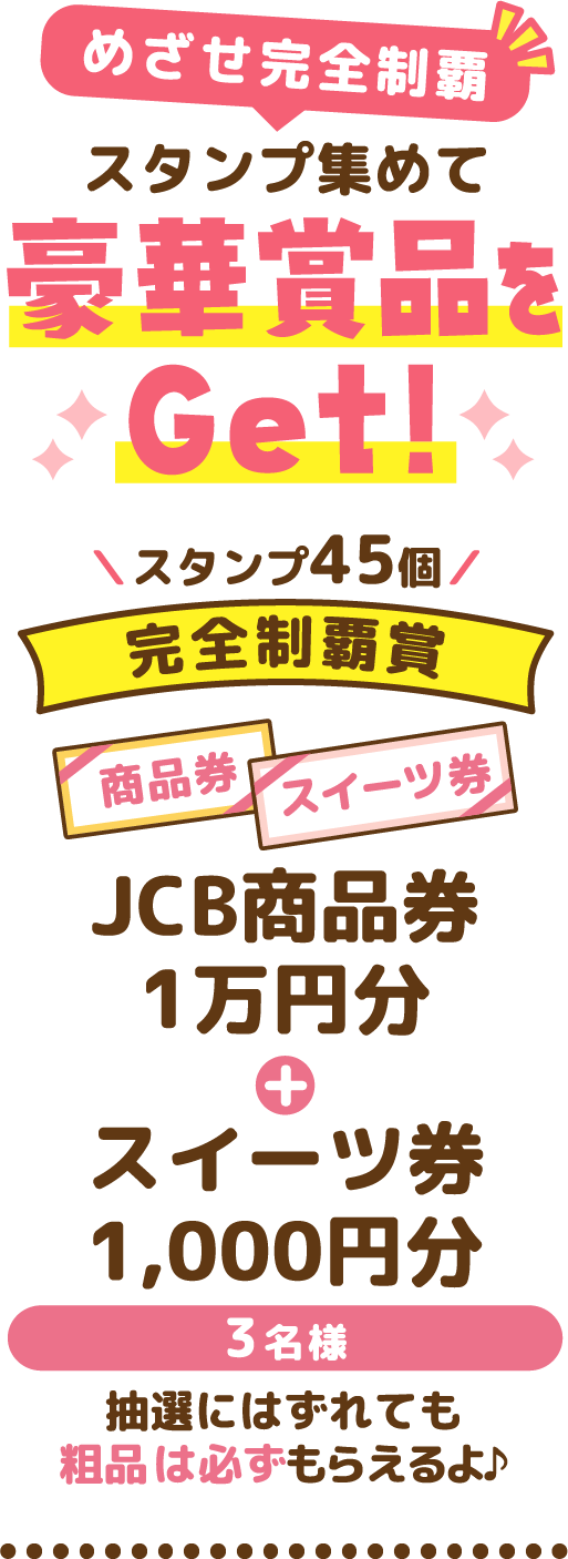 めざせ完全制覇！スタンプ集めて豪華賞品をGet！
完全制覇賞：JCB商品券1万円分＋スイーツ券1,000円分（3名様）
抽選にはずれても粗品は必ずもらえるよ♪
